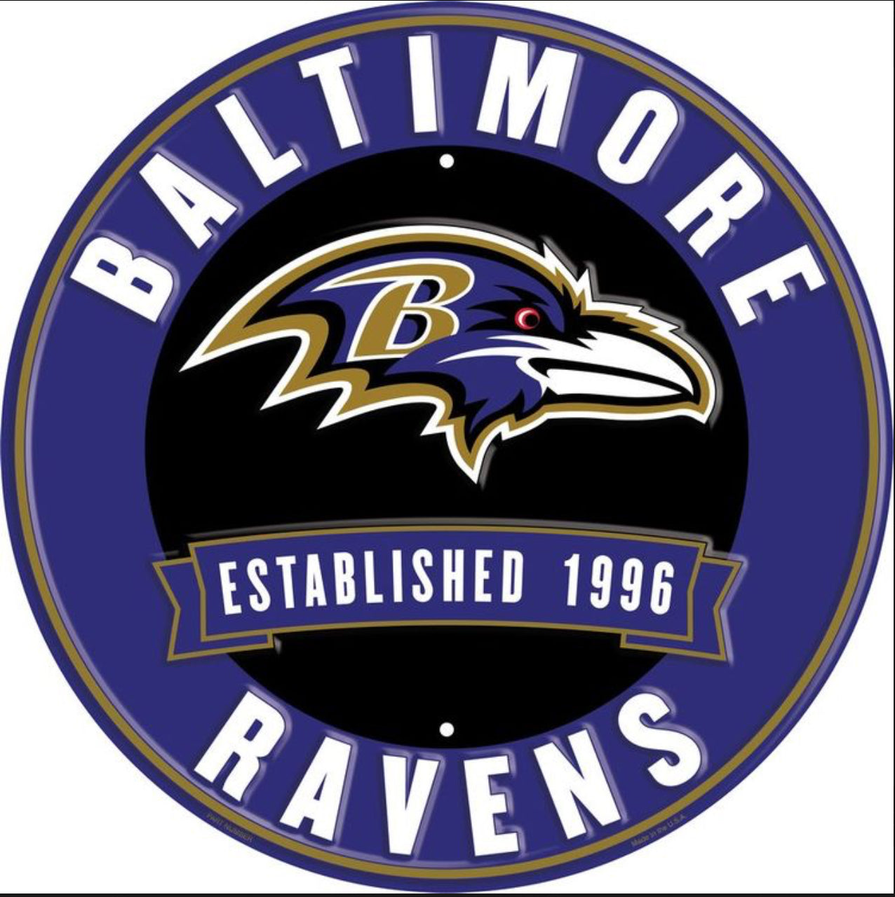 Baltimore Ravens 12” Round Embossed Aluminum Sign.An NFL Licensed Product.