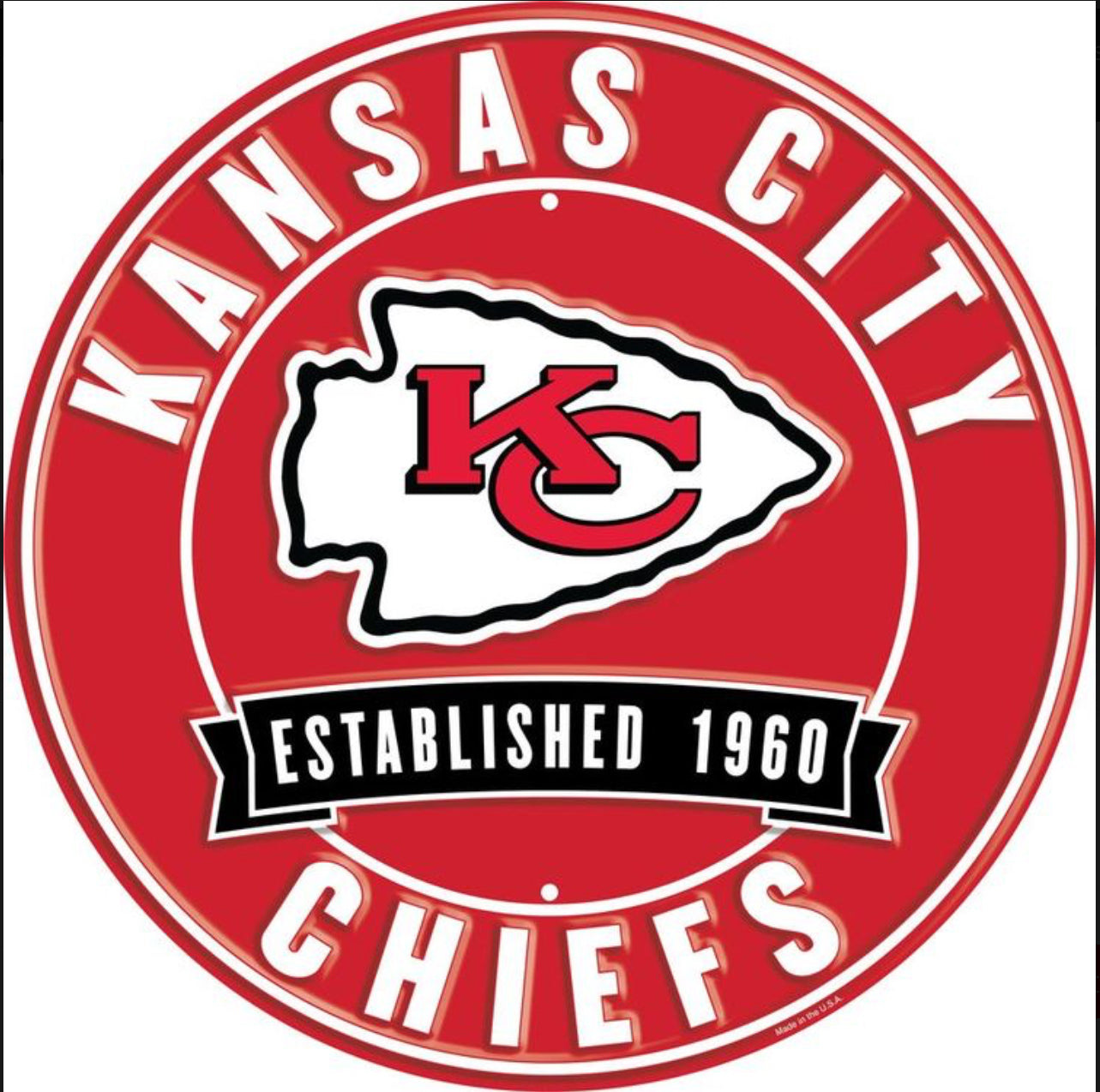 Kansas City Chiefs 12” Round Embossed Aluminum Sign.An NFL Licensed Product.
