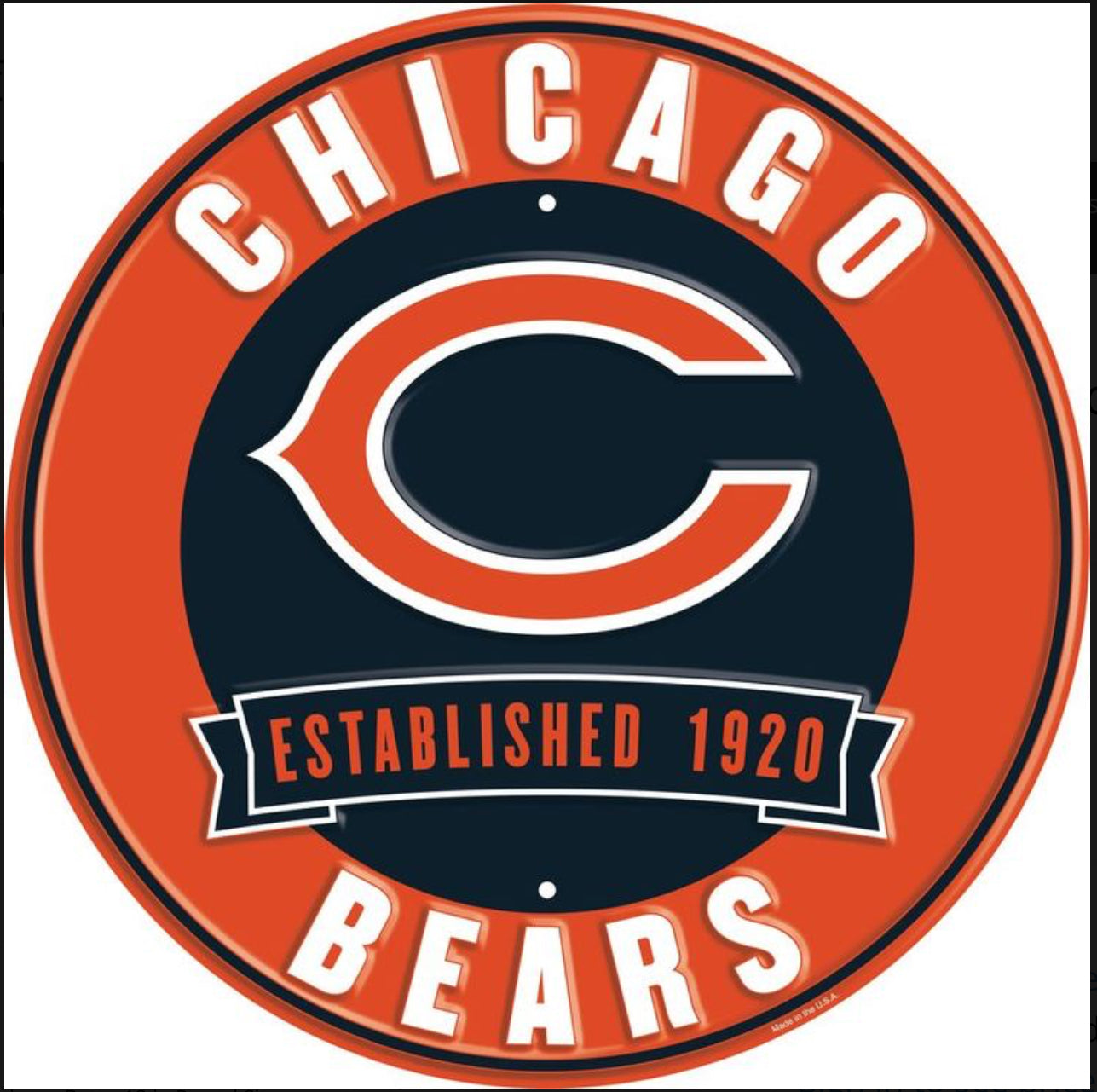 Chicago Bears 12” Round Embossed Aluminum Sign.An NFL Licensed Product.