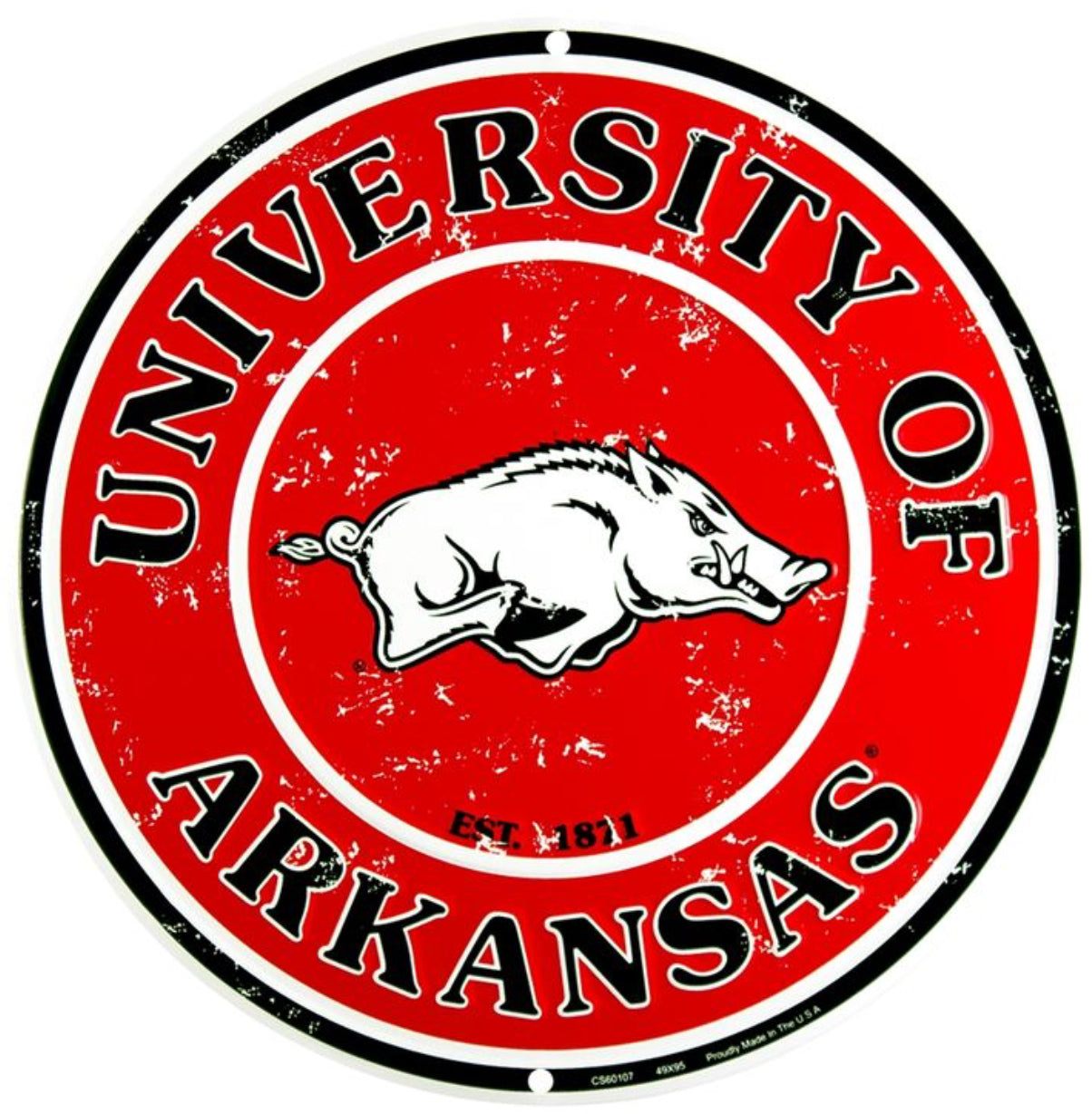 University of Arkansas Razorbacks 12” Round Aluminum Sign.An Officially Licensed Product.