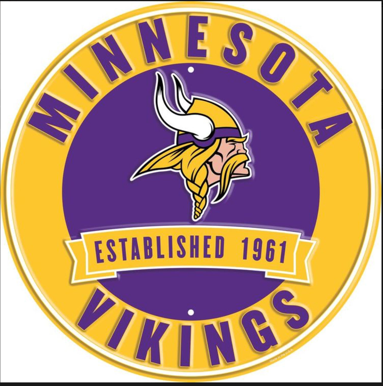 Minnesota Vikings 12” Round Embossed Aluminum Sign.An NFL Licensed Product.