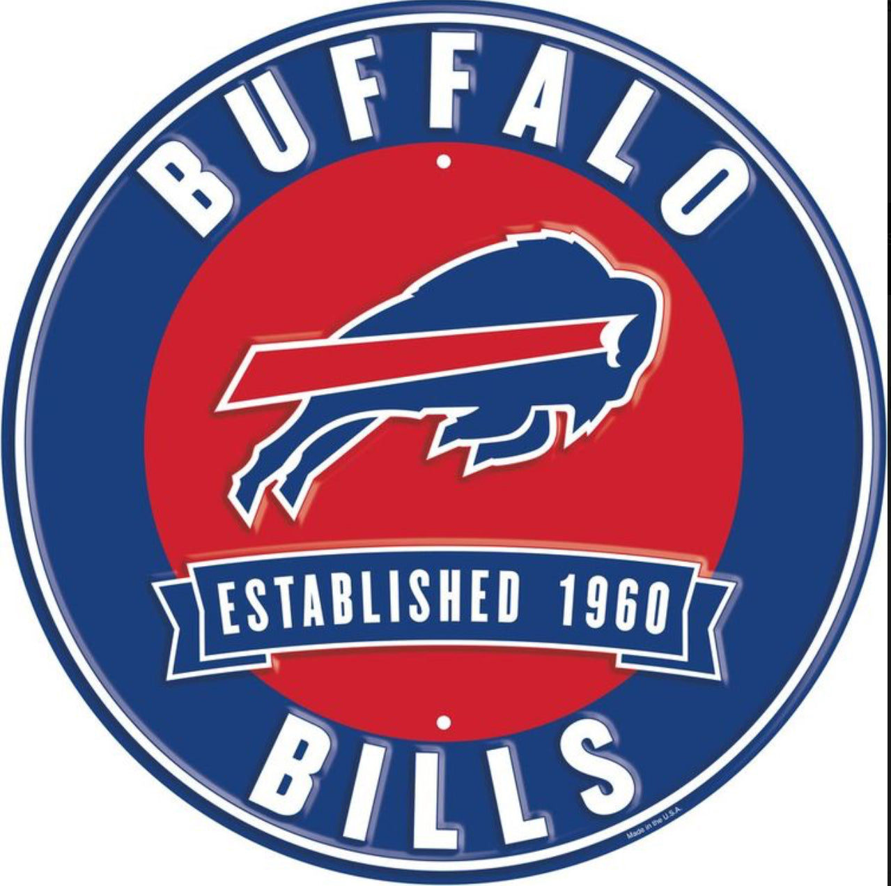 Buffalo Bills 12” Round Embossed Aluminum Sign.An NFL Licensed Product.