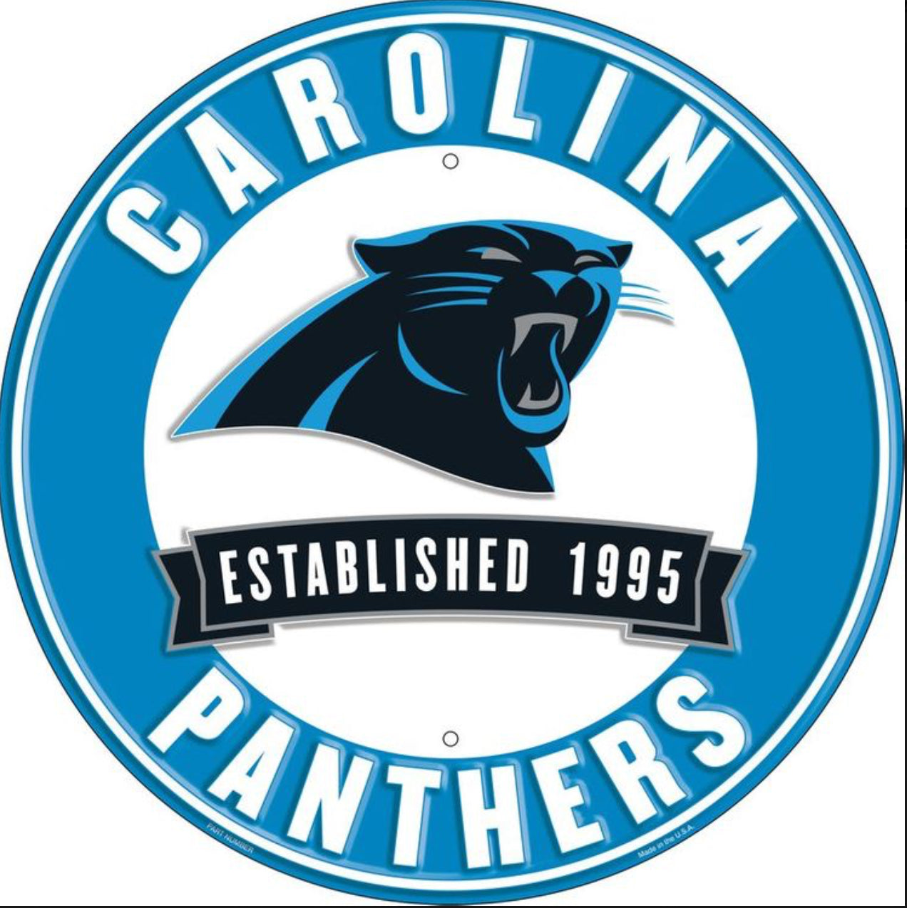 Carolina Panthers 12” Round Embossed Aluminum Sign.An NFL Licensed Product.