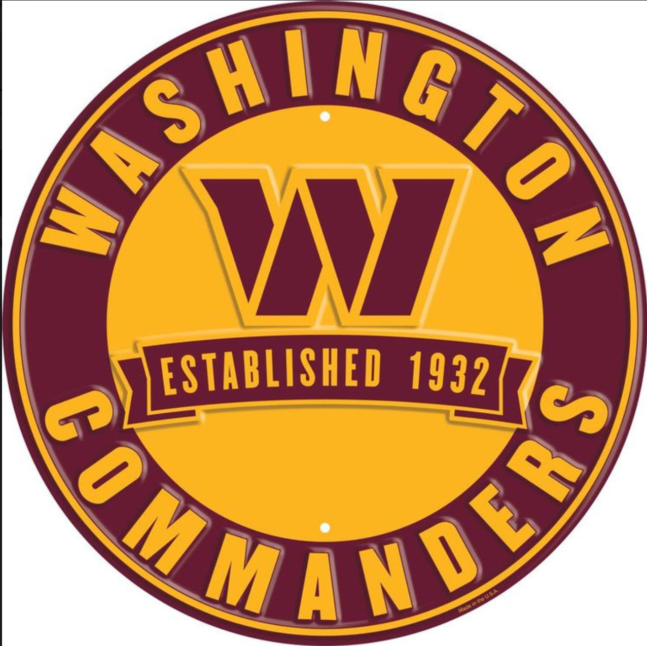 Washington Commanders 12” Round Embossed Aluminum Sign.An NFL Licensed Product.