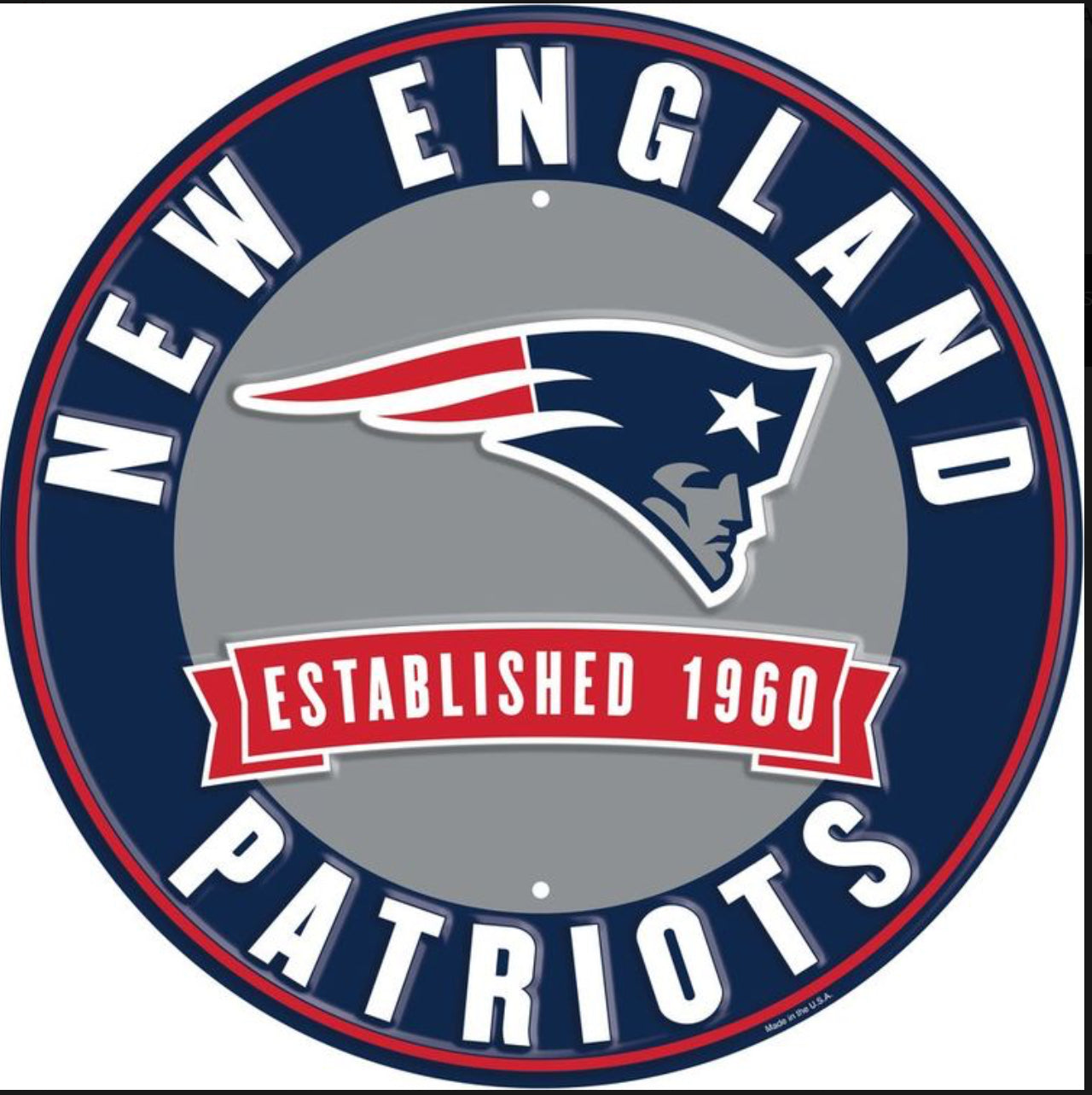 The New England Patriots 12” Round Embossed Aluminum Sign.An NFL Licensed Product.