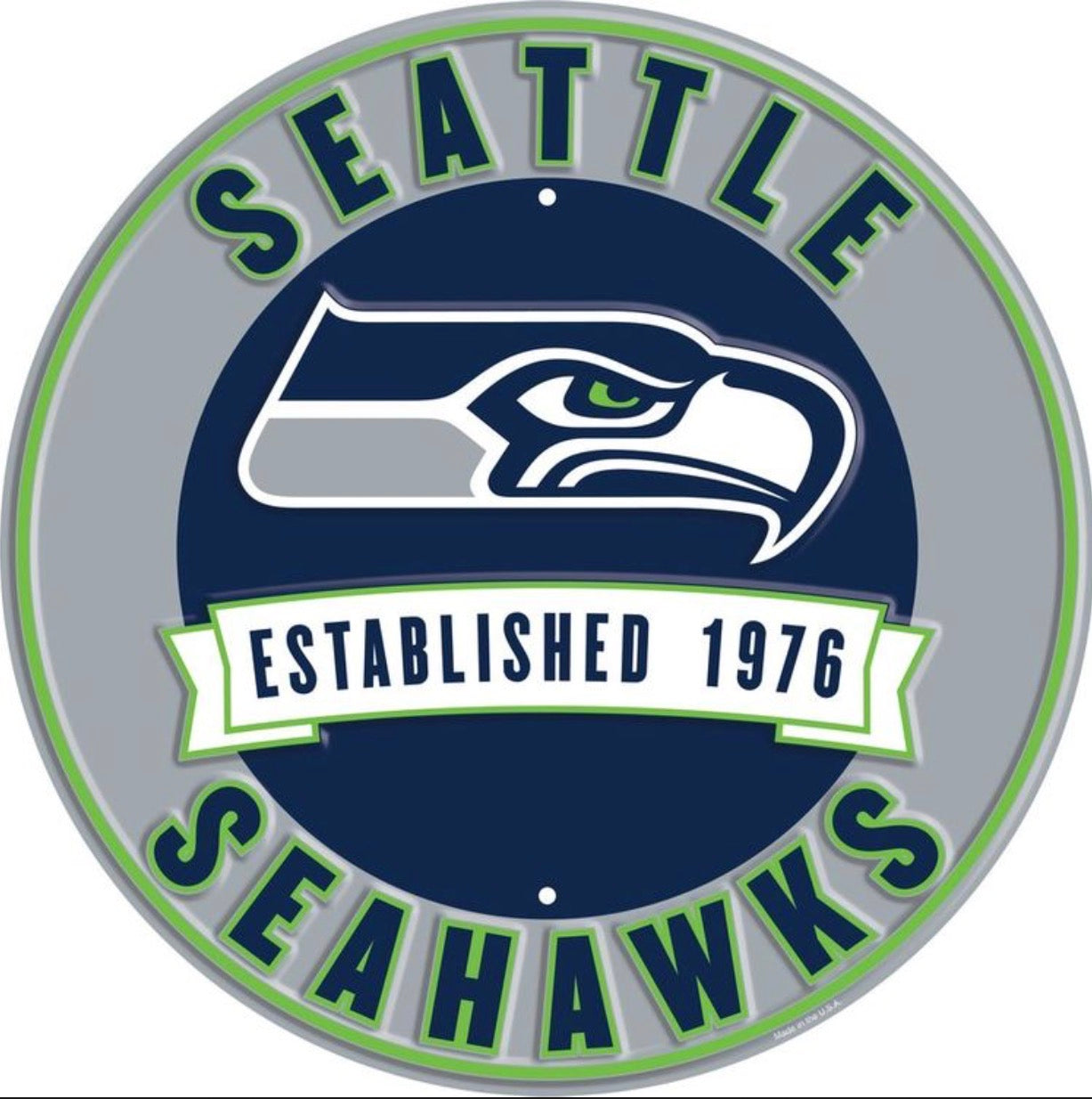 Seattle Seahawks 12” Round Embossed Aluminum Sign. An NFL Licensed Product.