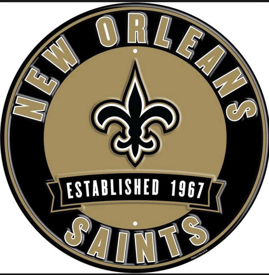 The New Orleans Saints 12” Round Embossed Aluminum Sign.An NFL Licensed Product.