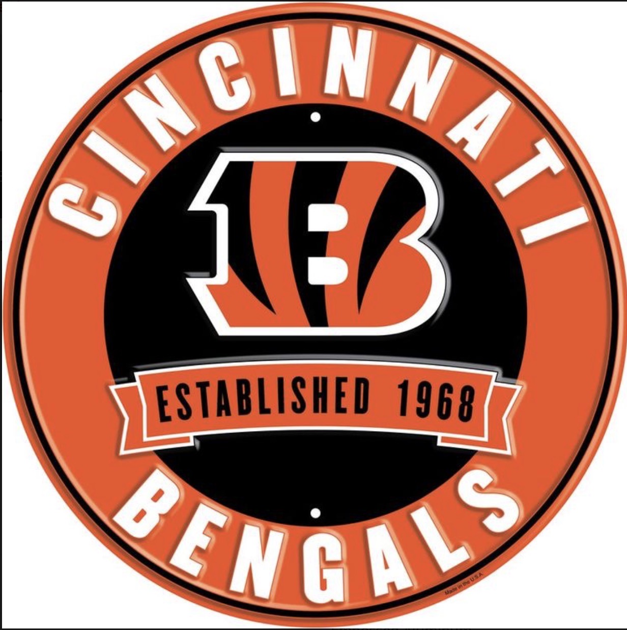 Cincinnati Bengals 12” Round Embossed Aluminum Sign.An NFL Licensed Product.