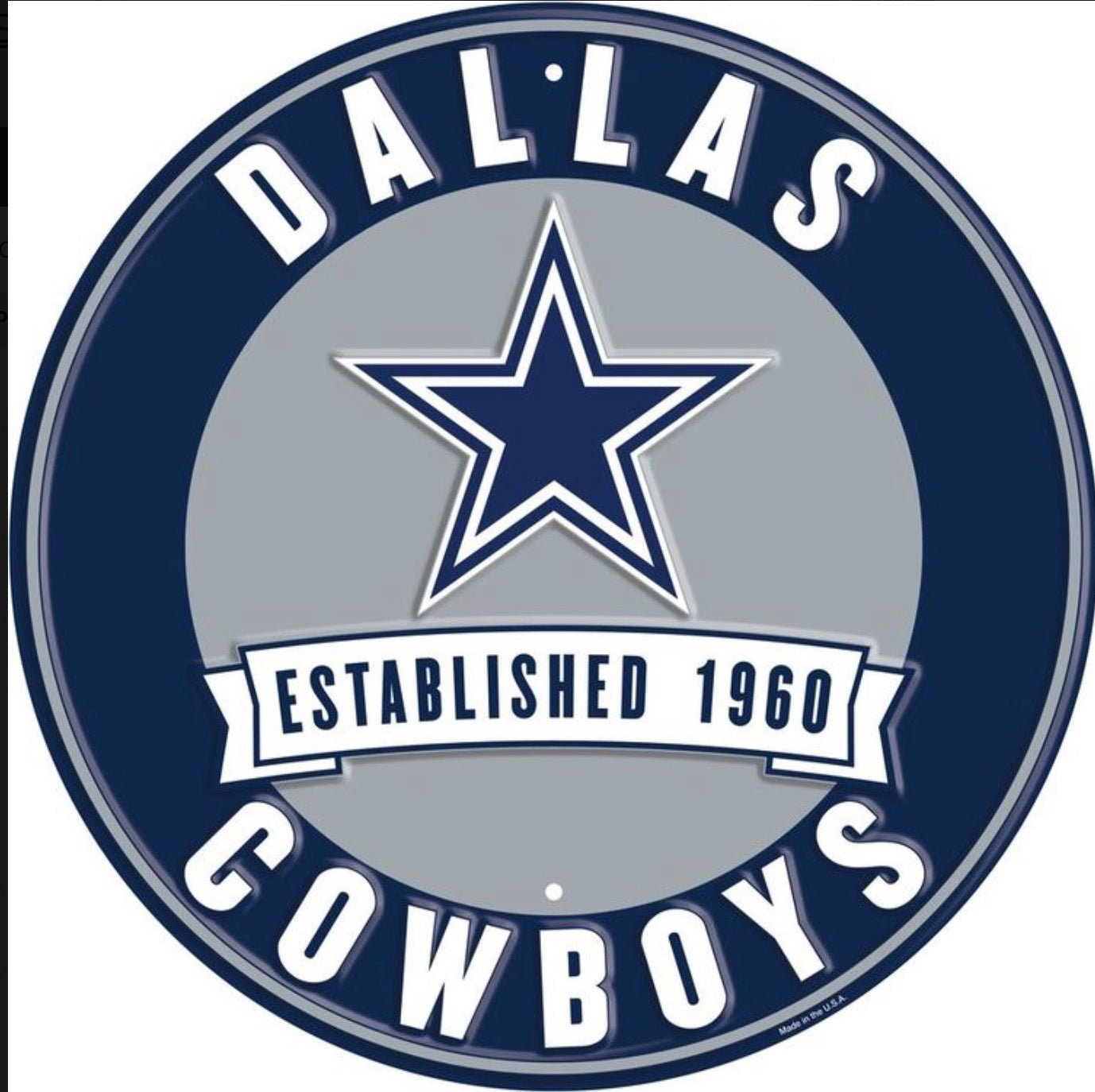 Dallas Cowboys 12” Round Embossed Aluminum Sign.An NFL Licensed Product.