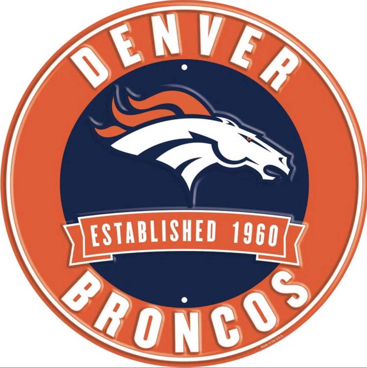 Denver Broncos 12” Round Embossed Aluminum Sign.An NFL Licensed Product.