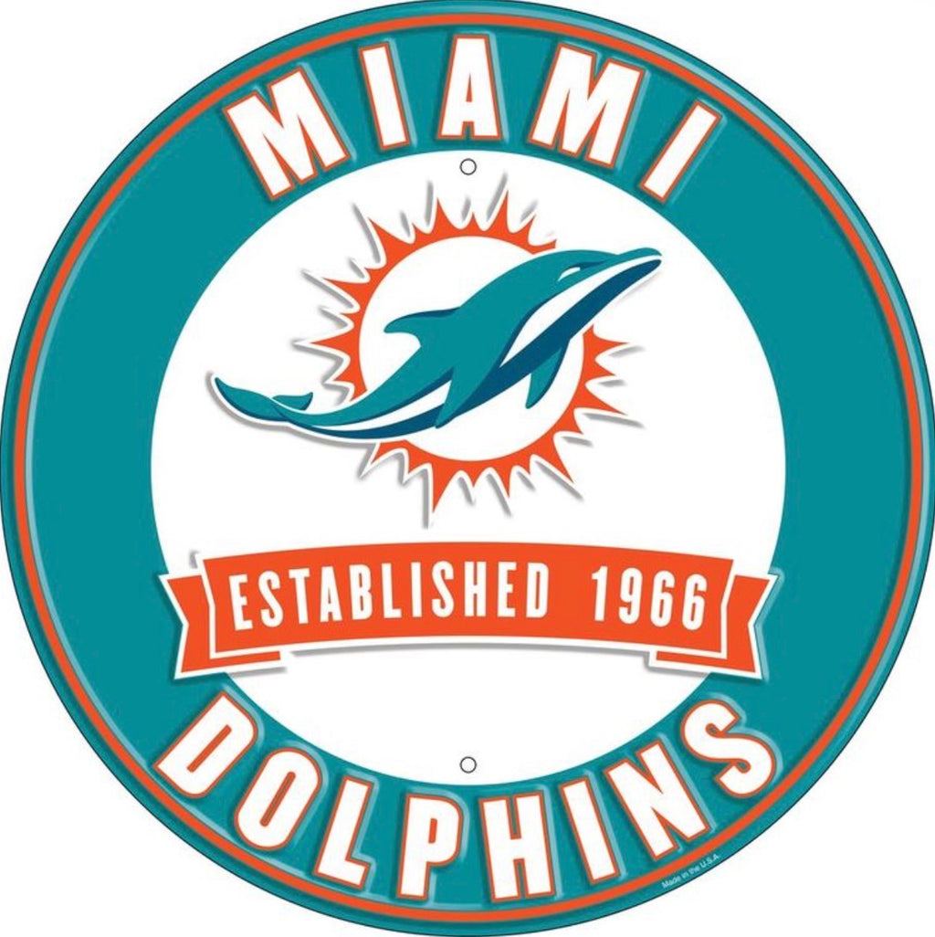 Miami Dolphins 12” Round Embossed Aluminum Sign.An NFL Licensed Product.