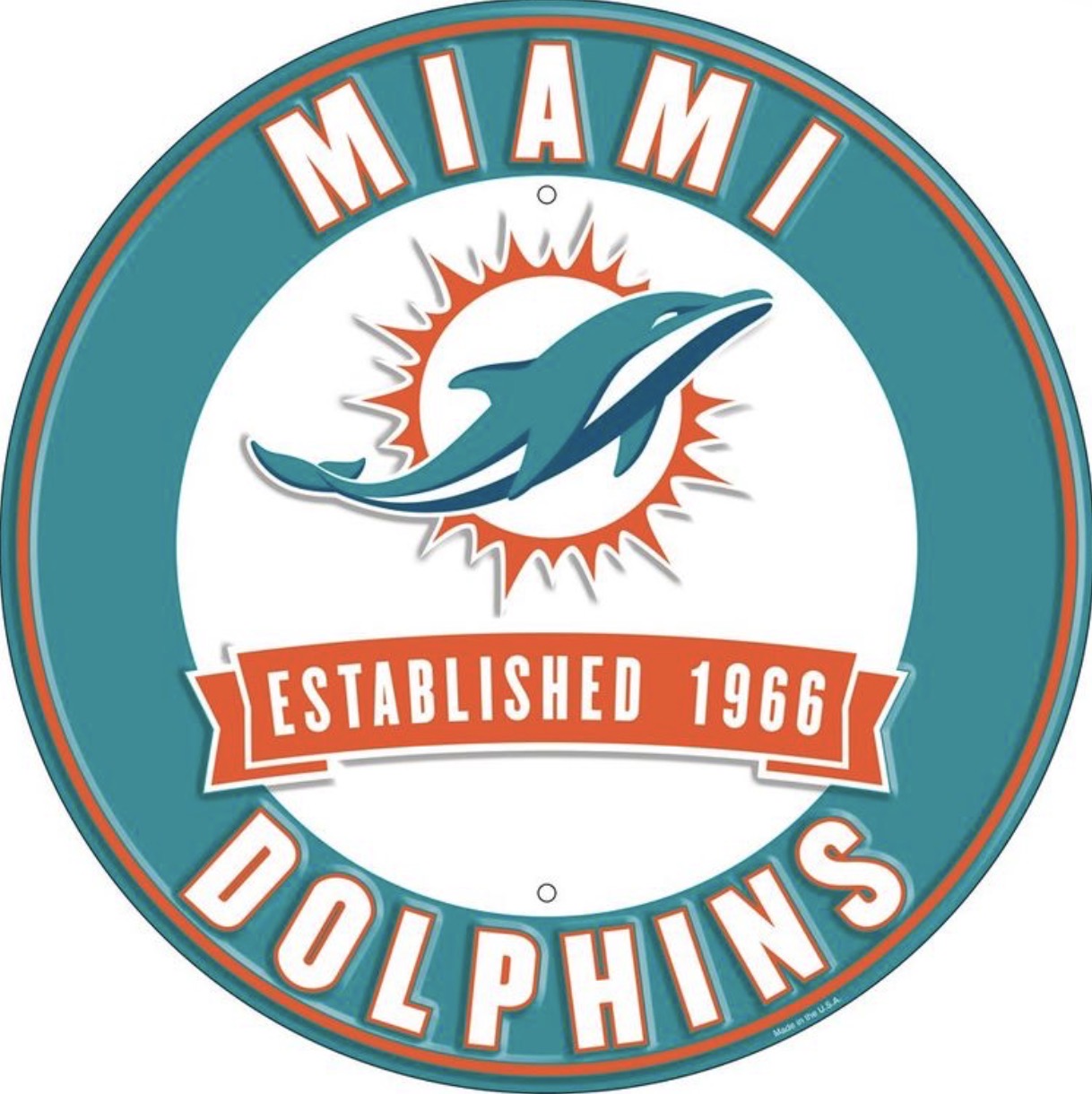 Miami Dolphins 12” Round Embossed Aluminum Sign.An NFL Licensed Product.