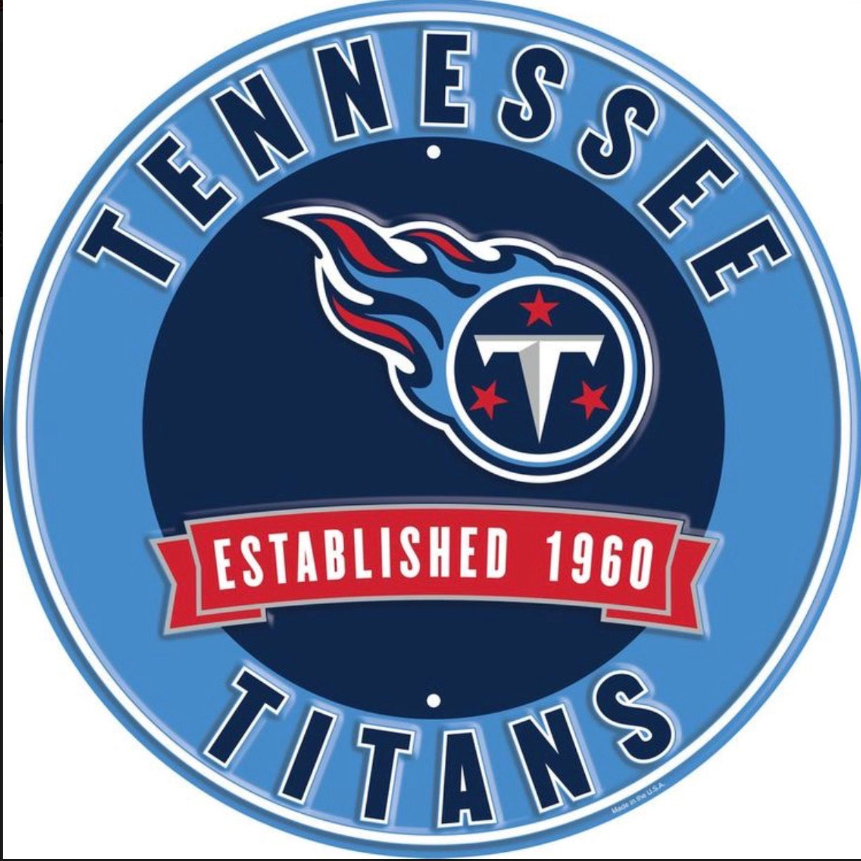 Tennessee Titans 12” Round Embossed Aluminum Sign.An NFL Licensed Product.