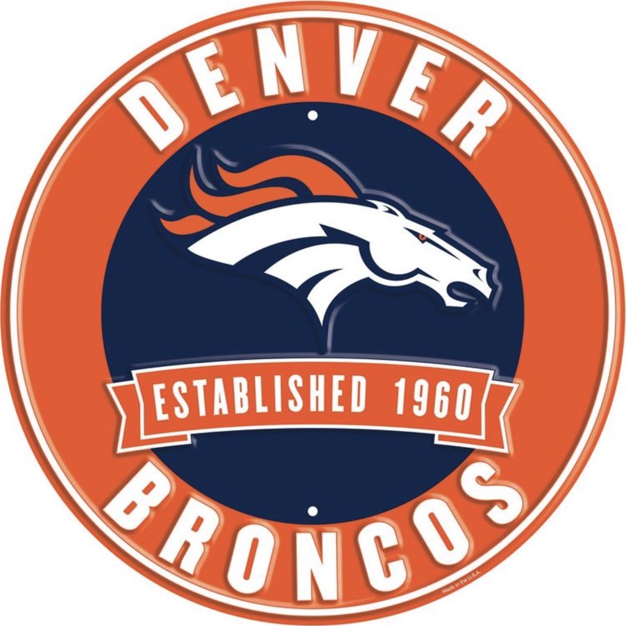 Denver Broncos 12” Round Embossed Aluminum Sign.An NFL Licensed Product.