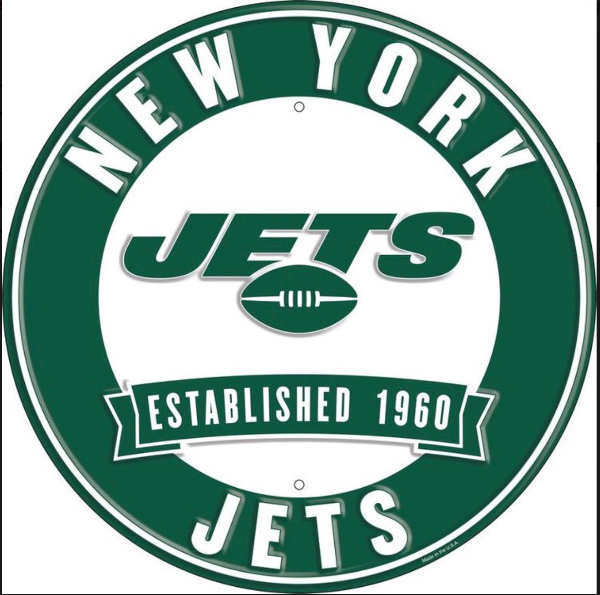 New York Jets 12” Round Embossed Aluminum Sign.An NFL Licensed Product.