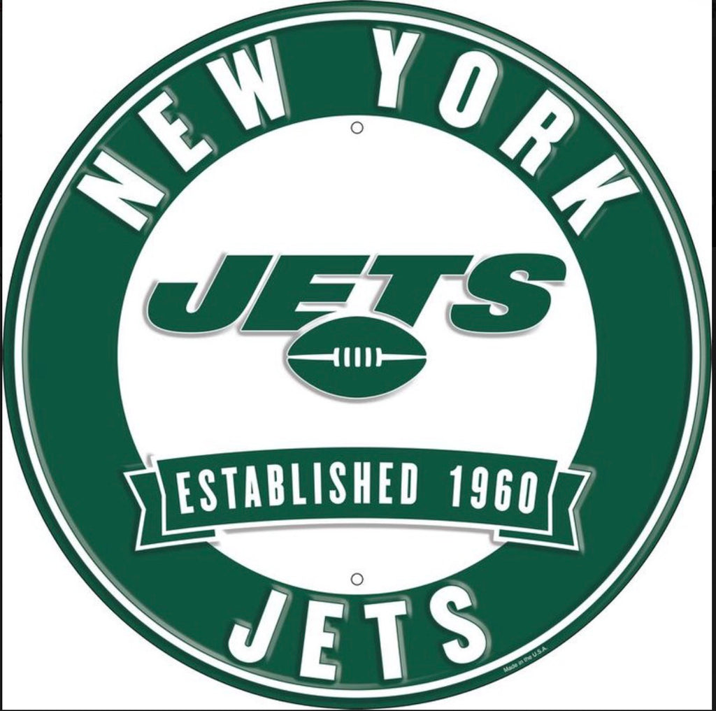 New York Jets 12” Round Embossed Aluminum Sign.An NFL Licensed Product.