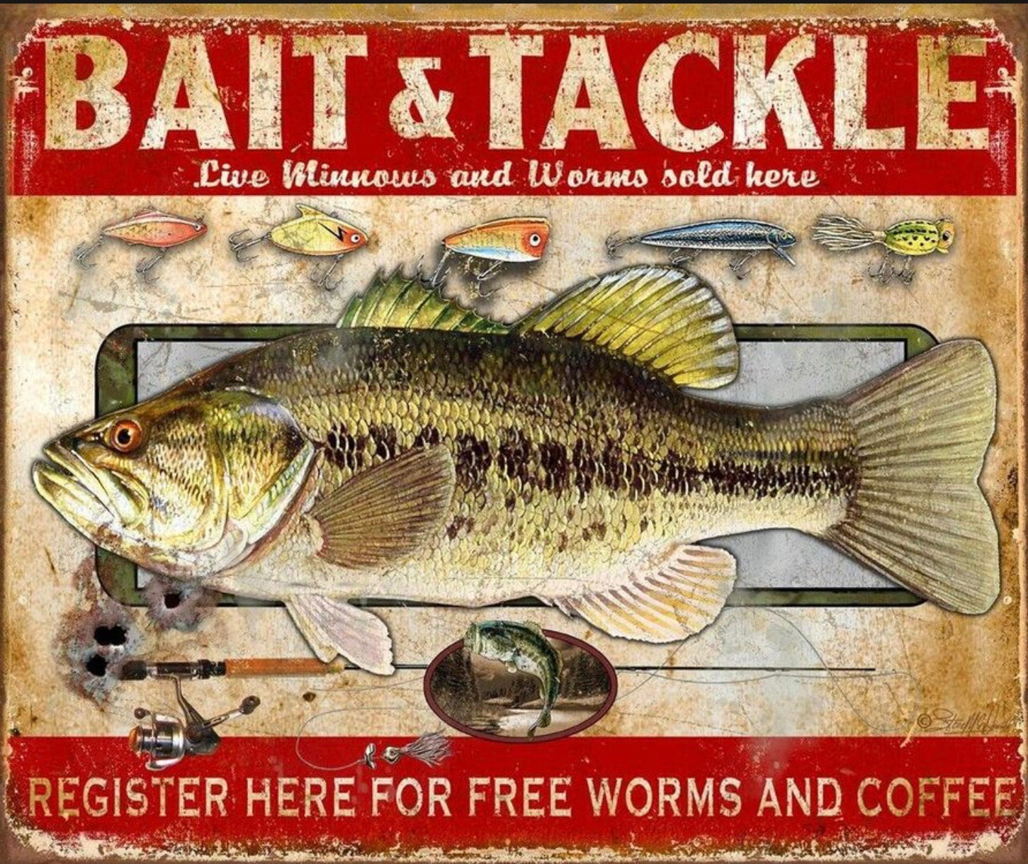 Bait and Tackle Register Here For Free Worms Aluminum Sign 12.5" x 16"