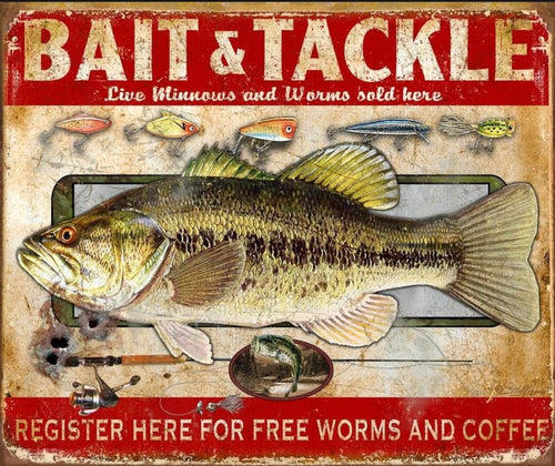 Bait and Tackle Register Here For Free Worms Aluminum Sign 12.5" x 16"