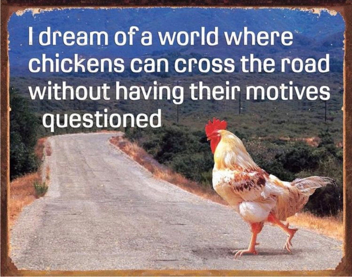 I Dream Of A World Where Chickens Can Cross The Road Aluminum Sign 12.5" x 16"