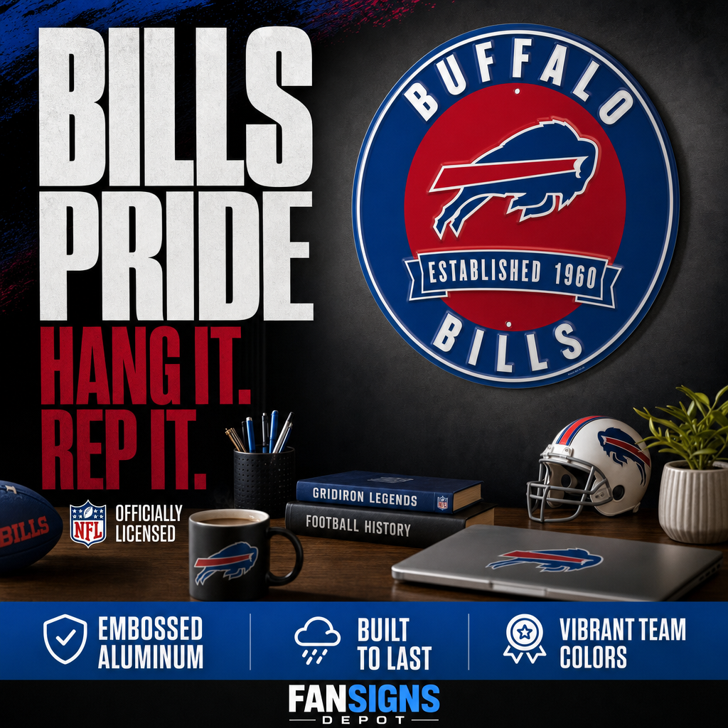 Buffalo Bills 12” Round Embossed Aluminum Sign.An NFL Licensed Product.
