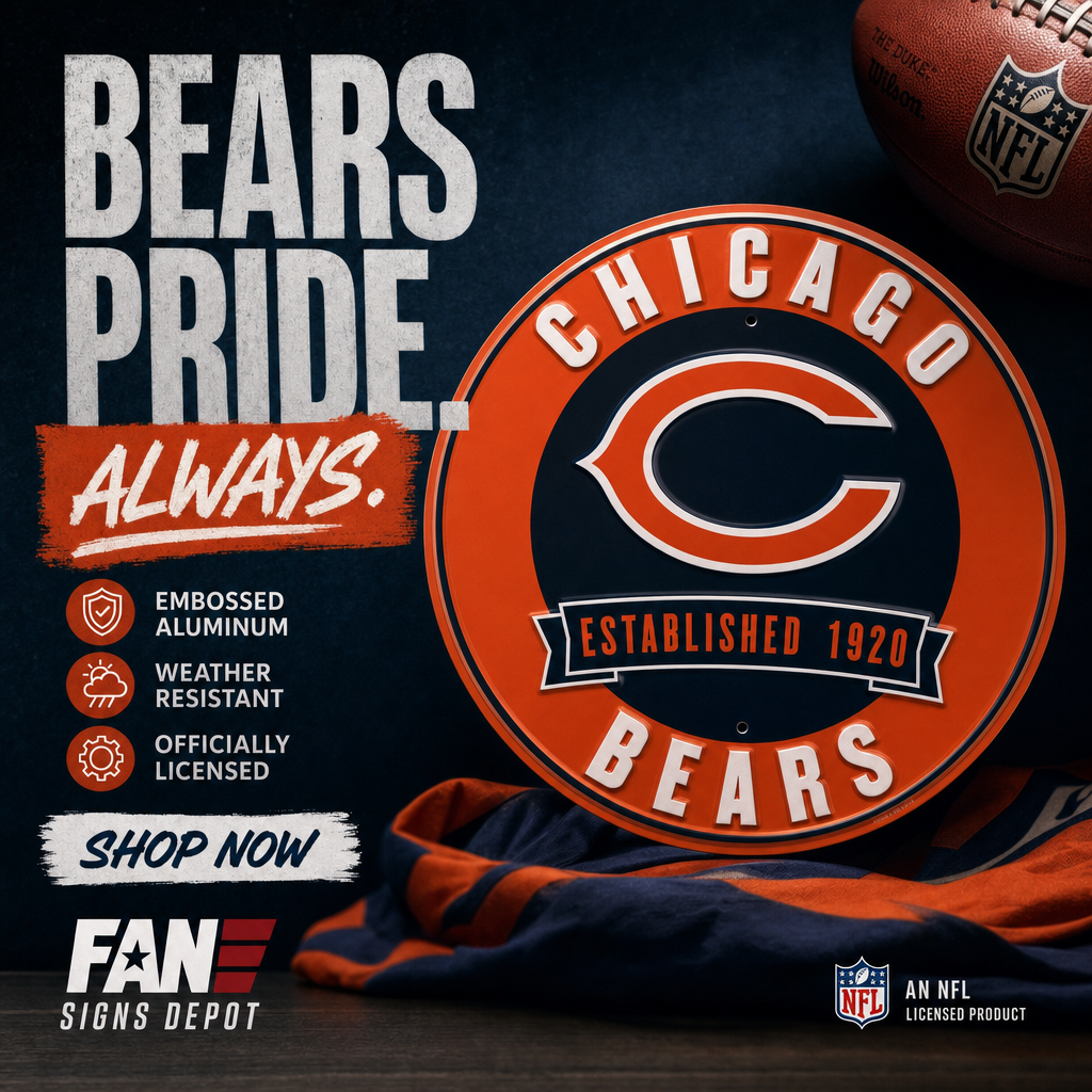 Chicago Bears 12” Round Embossed Aluminum Sign.An NFL Licensed Product.