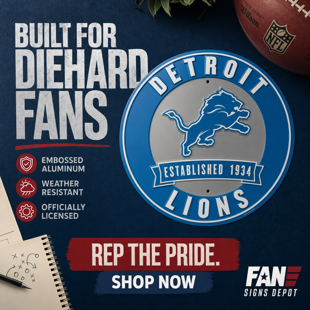 The Detroit Lions 12” Round Embossed Aluminum Wall Sign