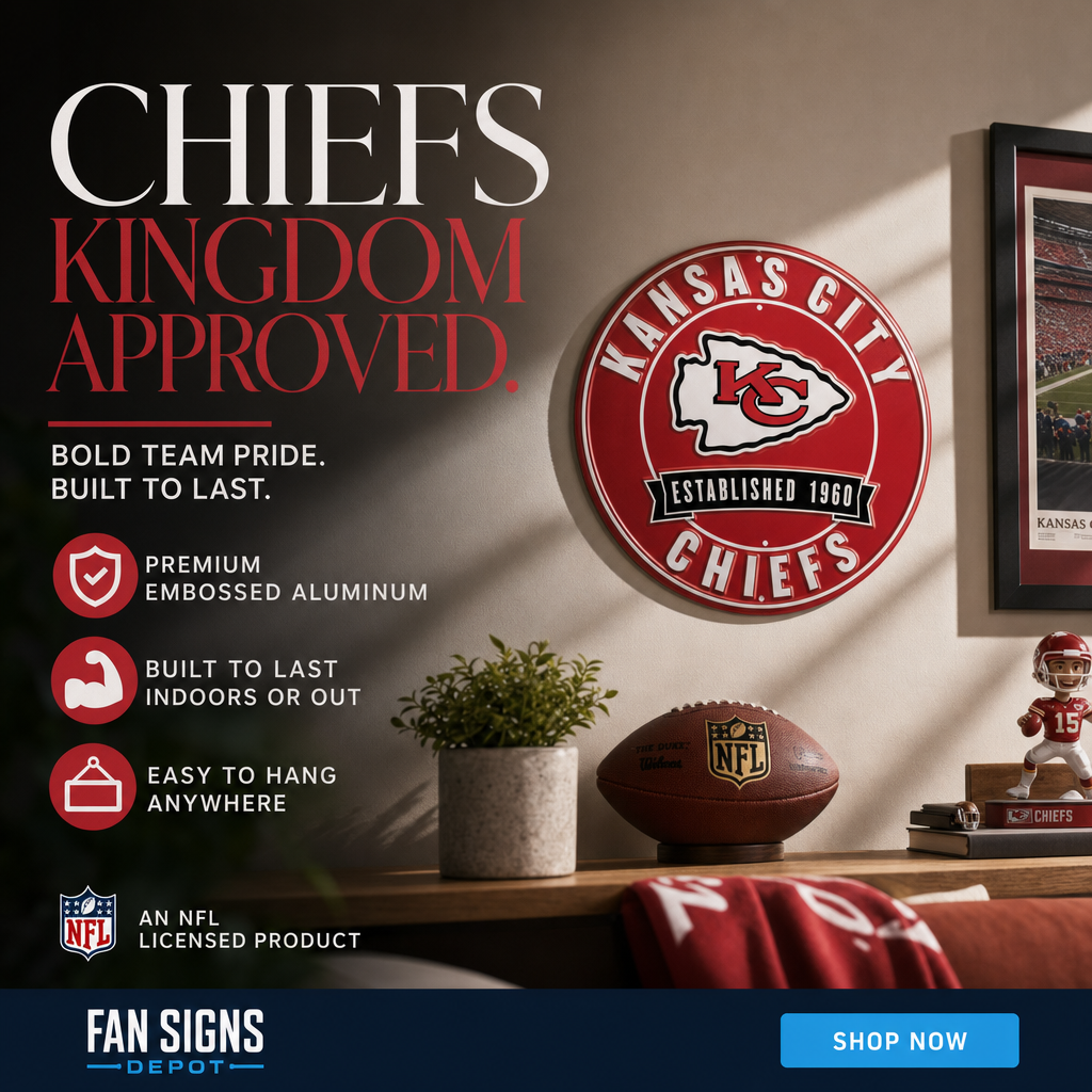 Kansas City Chiefs 12” Round Embossed Aluminum Sign.An NFL Licensed Product.